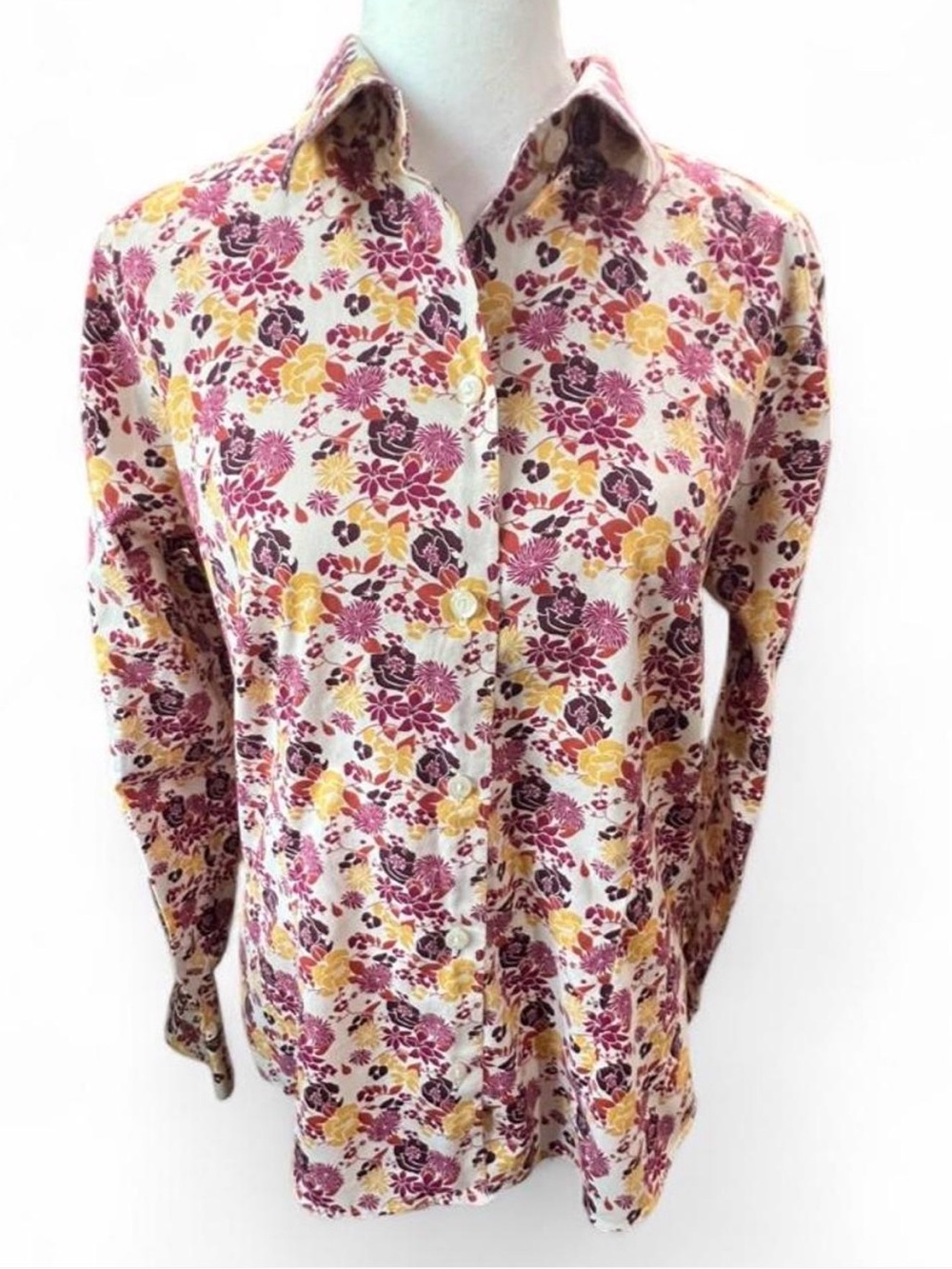 Eddie Bauer Floral Button-Down Shirt - White, Burgundy & Yellow